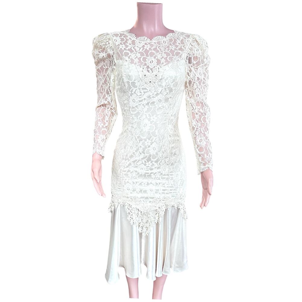 Vintage Cheryl Kaye Lace Satin Dress Drop Waist Long Sleeve Size Small